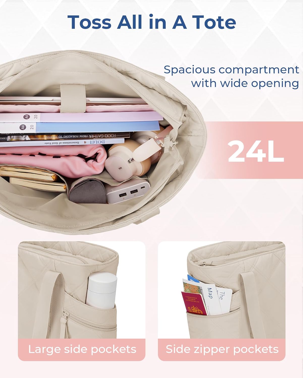 Tote Bag for Women, Puffer Carry On Tote with Zipper, Travel Essentials Quilted Nurse Travel Bag - Image 2