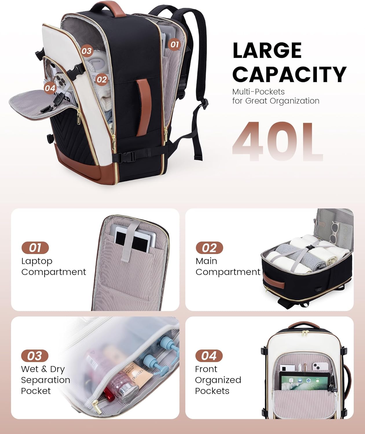 Large Travel Backpack for Women, TSA Carry on Backpack for Airplanes, 40L Personal Item Travel Bag for Women fits 17" Laptop,Waterproof Carry on Bag Airplane Approved with 3 Packing Cubes - Image 3